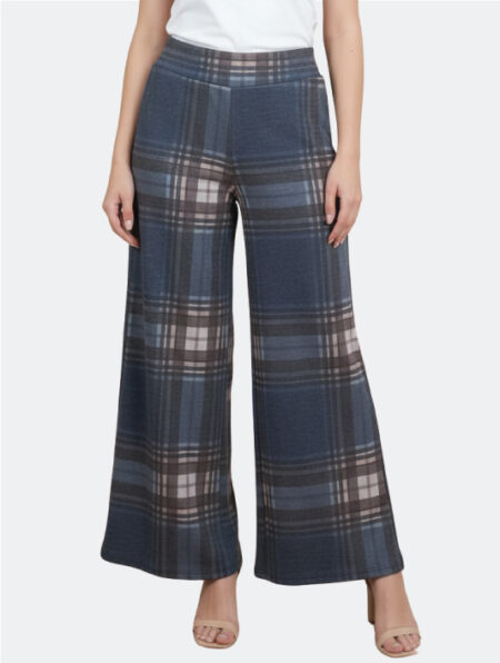 Pantaloni a Gamba Larga a Quadri Blu