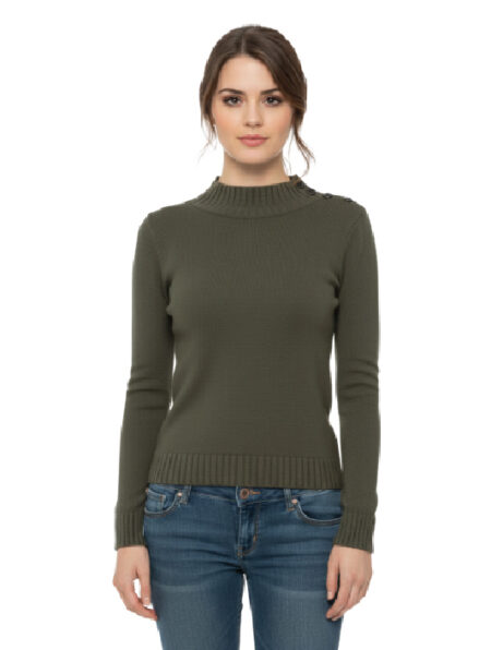 Maglione a Coste con Collo Alto in Verde Oliva