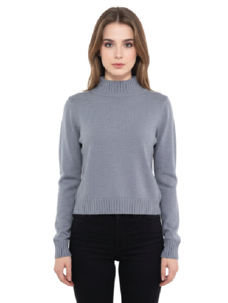 Maglione a Coste con Collo Alto in Grigio