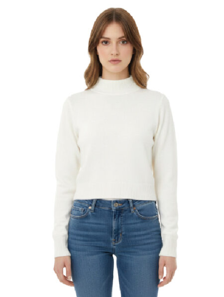 Maglione a Coste con Collo Alto in Crema